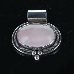 Vintage Mexico Rose Quartz Square Cabochon 925 Sterling Silver Pendant 13.4g